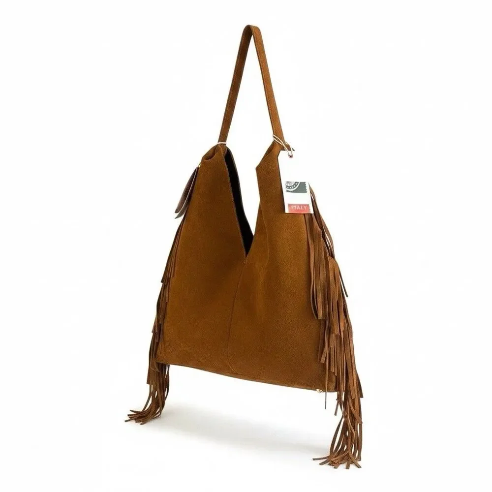 Divina Firenze Brown Suede Fringe Hobo Tote Bag Made In Italy Western Boho NWT - Picture 2 of 14